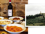 이탈리아 몬탈치노의 다양한 파스타와 로소 디 몬탈치노 와인. (왼쪽) 언덕 위에 우뚝 선 카스텔로 반피 고성. [사진 제공 · 김상미]