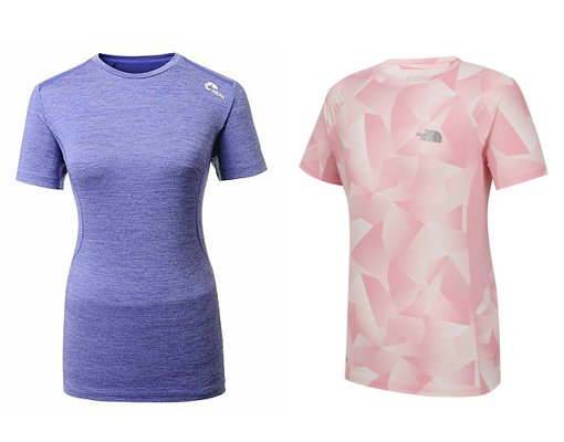 네파의 ‘베스티아 티셔츠’(왼쪽)와 노스페이스의 ‘스테이 쿨 반팔 라운드 티’.