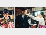 tvN 드라마 ‘미스터 션샤인’에서 유진 초이 (이병헌 분)와 고애신 (김태리 분)이 복면했을 때 얼굴을 서로 확인하는 장면(오른쪽)과 그 시대적 배경을 ‘낭만의 시대’로 규정한 포스터. [사진 제공·CJ ENM]