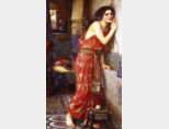 영국 화가 존 윌리엄 워터하우스의 유화 ‘티스베’(1909). 이웃집 총각 피라모스가 속삭이는 사랑의 밀어에 귀 기울이고 있다. [위키피디아]