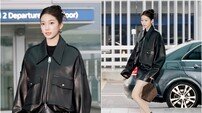 르세라핌 카즈하, 가죽 재킷 공항패션 완성…뉴욕 패션위크 출국