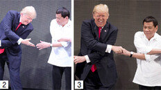 트럼프 “손잡기 힘드네”… 아세안식 악수에 쩔쩔