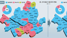 서울 16→12→8석 쪼그라든 통합당… 강남3구-용산 ‘핑크 외딴섬’
