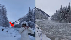 설경 인증샷 찍다 ‘얼음 쓰나미’…관광객 휩쓸릴 뻔 (영상)