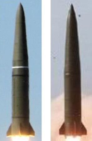 러시아 이스칸데르 미사일(왼쪽)과 북한 신형전술유도무기가 외형상 닮았다. [한국국방안보포럼
]