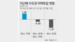 작년 수도권 아파트값 60㎡이하 소형만 ‘햇살’