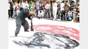 [SD포토] 서예가 김동욱, 금빛 염원을 닮은 태극 포퍼먼스