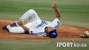 [포토] 배영수, 발목에 타구 적중…이게 웬 날벼락