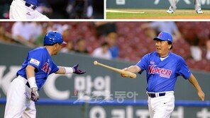 [포토] ‘한일 레전드 매치’ 한대화, 들뜬 기분에 배트 놓쳐 ‘민망’