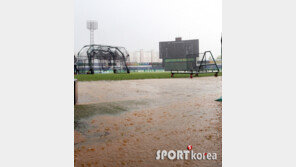 [포토] 폭우 내리는 무등야구장 ‘한순간에 물바다’