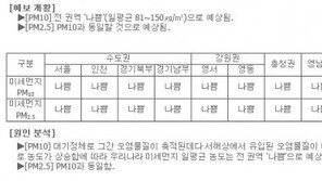 미세먼지 농도, 전국 ‘나쁨’ 단계…야외활동 자제 권고