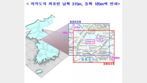 우리땅 좌표, 지적도의 좌표만 남쪽 315m, 동쪽 185m씩 변화