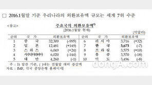 2월 외환보유액 3657.6억달러, 1월말 기준 세계 7위 수준…1위는?