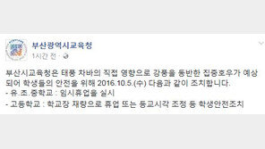 ‘제18호 태풍 차바 영향’ 부산시, 유·초·중학교 휴교…고교는 학교장 재량 따라 결정