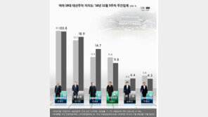 文 20.8% 〉潘 18.9% 〉李 14.7% 〉安 9.8%…朴대통령 10.5%, 8주 만에↑