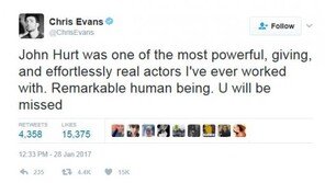 크리스 에반스, ‘설국열차’ 존 허트에 “가장 영향력 있는 사람 중 한 명…함께 일했던 순간 잊지 못할 것”