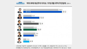 문재인(31.2%) 독주…안희정(13.0%)·황교안(12.4%) 안철수(10.9%) 혼전