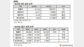 네오위즈게임즈, 2016년 매출 1,910억 원 달성