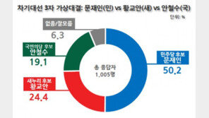 양자대결, 문재인 59.9%>황교안 29.4%…삼자대결 文 50%>黃24%>安19%