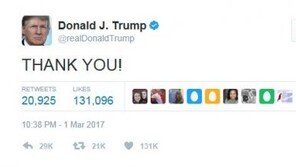 트럼프, 의회연설 後 “THANK YOU!”…CNN “의회연설 시청자 78% ‘긍정’ 평가”