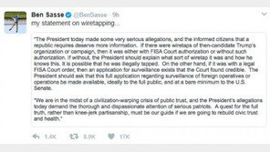 공화당 벤 사스 “오바마 ‘트럼프 도청’, 심각한 주장…추가 정보 제공해야”