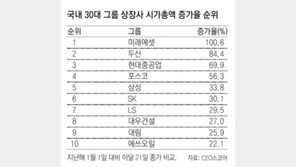 국내 30대 그룹 중 20곳 시총 늘어