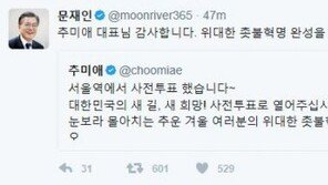 文, 사전투표하는 추미애에 “감사하다…촛불혁명 완성 함께 할 것”