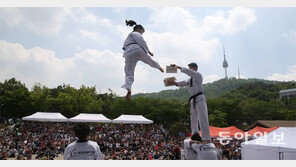 하늘높이 날아 ‘얍’… 태권도 송판격파 시범
