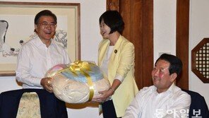 문재인 대통령, ‘마약 방석’ 선물 받아…이정미 “대통령 아닌 토리 위한 선물”