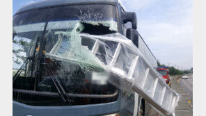 달리던 관광버스 운전석 덮친 철제 사다리… 마주 오던 화물차서 떨어져 