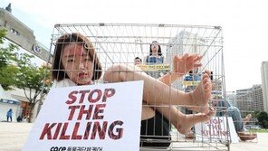 [청계천 옆 사진관] “개 식용은 그만!”…고통의 철창 퍼포먼스