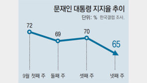 문재인 대통령 지지율 65%… 안보-적폐 논란에 하락