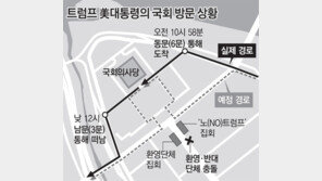 국회 정문앞 찬반단체 몸싸움… 트럼프 차량 옆문으로 출입