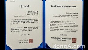 피퍼(Peeper), 엑소(EXO) 이름으로 ‘유니세프(UNICEF)’에 기부 진행