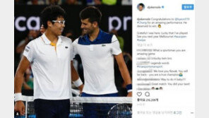 정현 8강…조코비치 SNS “함께 뛸수 있어 행운, 내년에 다시 보자”