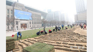 2시간만에 중단된 서울광장 ‘잔디 심기’