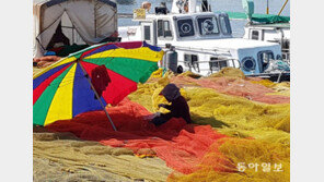 출항 앞두고 그물 손질 분주