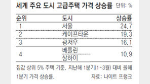 서울 고가주택 가격상승폭 1년새 25% 올라 세계 최고