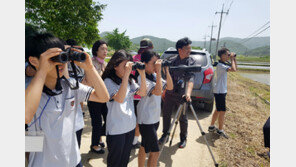 황새 관찰하는 학생들