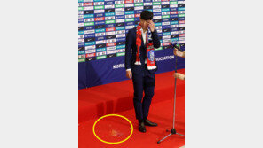 대표팀 귀국 행사중 계란세례 봉변…손흥민 발 앞에서 날계란 ‘퍽’