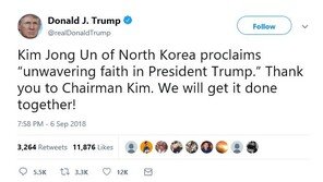 트럼프 “‘변함없는 신뢰’ 표한 김정은에 감사…우리가 함께 해낼 것”