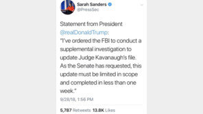 트럼프, 캐버노 성폭행 의혹 FBI 조사 지시…인준절차 1주 연기