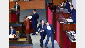 여야 맞고함, 원내대표들 몸싸움… 유은혜 ‘혹독한 국회 신고식’