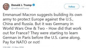 트럼프, 마크롱의 유럽군 창설에 “독일에 당해놓고는… ”
