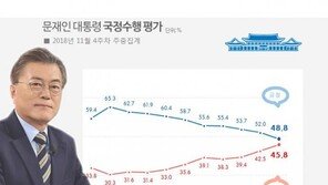 文대통령 국정지지도 48.8%, 취임 후 첫 40%대…경제부진에 ‘뚝뚝’