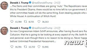 트럼프 “민주당 미쳐가고 있다…대통령 괴롭히기 멈춰야” 분노의 트윗