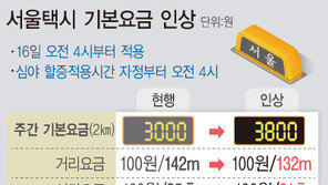 서울 택시요금 16일 새벽 4시 인상…기본 3800원·심야 4600원