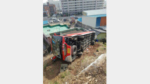 비탈길 오르던 통근버스 5ｍ 옹벽 아래 추락…1명 경상