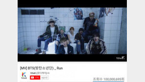 방탄소년단 ‘RUN’ MV, 1억뷰 돌파…통산 17번째 ‘K팝 최다’