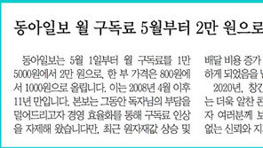 [알립니다]동아일보 월 구독료 5월부터 2만 원으로 조정합니다
